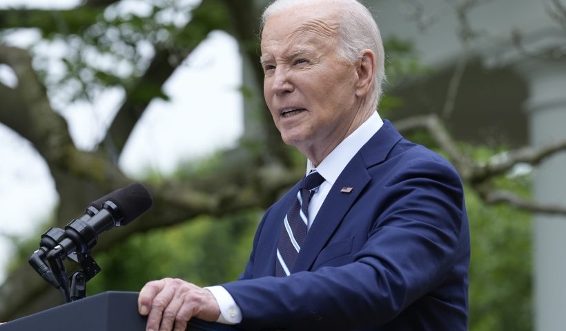 President Joe Biden speaks in the Rose Garden of the White House in Washington, Tuesday, May 14, 2024, announcing plans to impose major new tariffs on electric vehicles, semiconductors, solar equipment and medical supplies imported from China. (AP Photo/Susan Walsh)