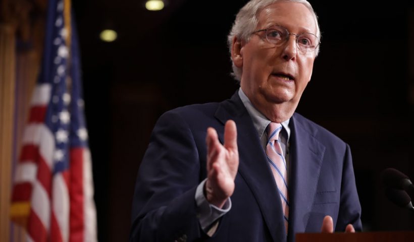 WASHINGTON, DC - OCTOBER 06: Senate Majority Leader Mitch McConnell (R-KY) talks to reporters after the Senate voted to confirm Supreme Court nominee Judge Brett Kavanaugh at the U.S. Capitol October 06, 2018 in Washington, DC. The Senate voted 50-48 to confirm Kavanaugh to replace retired Associate Justice Anthony Kennedy. (Photo by Chip Somodevilla/Getty Images)