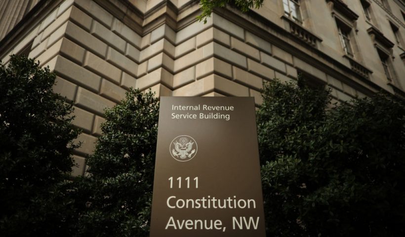 The Internal Revenue Service headquarters building appeared to be mostly empty April 27, 2020 in the Federal Triangle section of Washington, DC. The IRS called about 10,000 volunteer employees back to work Monday at 10 of its mission critical locations to work on taxpayer correspondence, handling tax documents, taking telephone calls and other actions related to the tax filing season. (Photo by Chip Somodevilla/Getty Images)