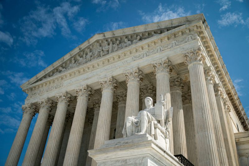 WASHINGTON, DC - SEPTEMBER 28: The Guardian or Authority of Law, created by sculptor James Earle Fraser, rests on the side of the U.S. Supreme Court on September 28, 2020 in Washington, DC. This week Seventh U.S. Circuit Court Judge Amy Coney Barrett, U.S. President Donald Trump's nominee to the Supreme Court, will begin meeting with Senators as she seeks to be confirmed before the presidential election. (Photo by Al Drago/Getty Images)