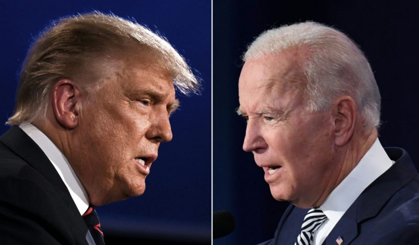 TOPSHOT - (COMBO) This combination of pictures created on September 29, 2020 shows US President Donald Trump (L) and Democratic Presidential candidate former Vice President Joe Biden squaring off during the first presidential debate at the Case Western Reserve University and Cleveland Clinic in Cleveland, Ohio on September 29, 2020. (Photos by JIM WATSON and SAUL LOEB / AFP) (Photo by JIM WATSON,SAUL LOEB/AFP via Getty Images)