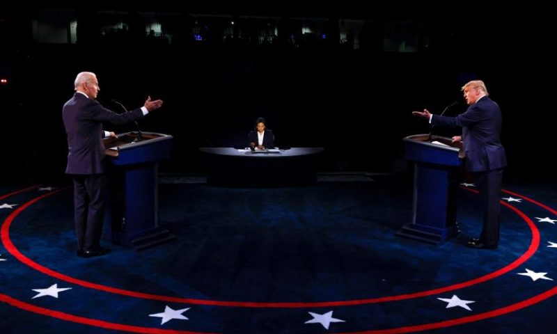 TOPSHOT - US President Donald Trump (R) Democratic Presidential candidate, former US Vice President Joe Biden and moderator, NBC News anchor, Kristen Welker (C) participate in the final presidential debate at Belmont University in Nashville, Tennessee, on October 22, 2020. (Photo by JIM BOURG / POOL / AFP) (Photo by JIM BOURG/POOL/AFP via Getty Images)