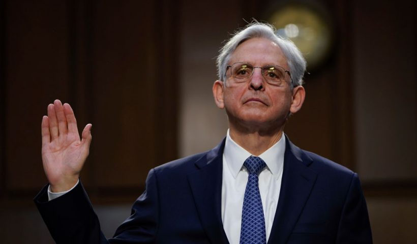 WASHINGTON, DC - FEBRUARY 22: Attorney General nominee Merrick Garland is sworn-in during his confirmation hearing before the Senate Judiciary Committee in the Hart Senate Office Building on February 22, 2021 in Washington, DC. Garland previously served at the Chief Judge for the U.S. Court of Appeals for the District of Columbia Circuit. (Photo by Drew Angerer/Getty Images)