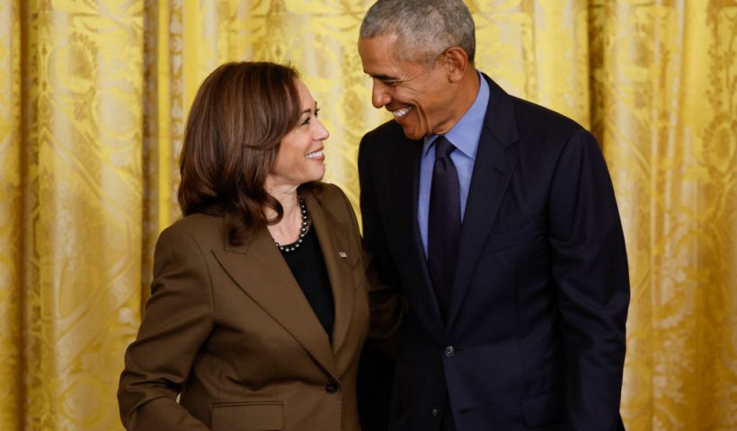 WASHINGTON, DC - APRIL 5: (L-R) Vice President Kamala Harris and Former President Barack Obama attend an event to mark the 2010 passage of the Affordable Care Act in the East Room of the White House on April 5, 2022 in Washington, DC. With then-Vice President Joe Biden by his side, Obama signed 'Obamacare' into law on March 23, 2010. (Photo by Chip Somodevilla/Getty Images)