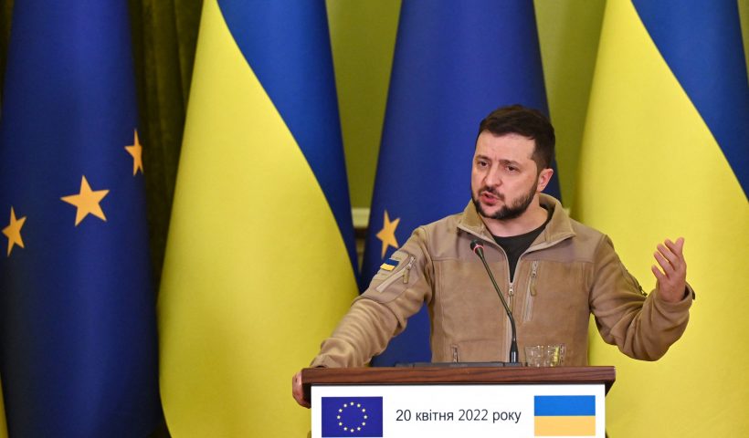 Ukraine's President Volodymyr Zelensky gestures as he speaks during a press conference following his talks with President of the European Council in Kyiv on April 20, 2022. (Photo by Sergei SUPINSKY / AFP) (Photo by SERGEI SUPINSKY/AFP via Getty Images)