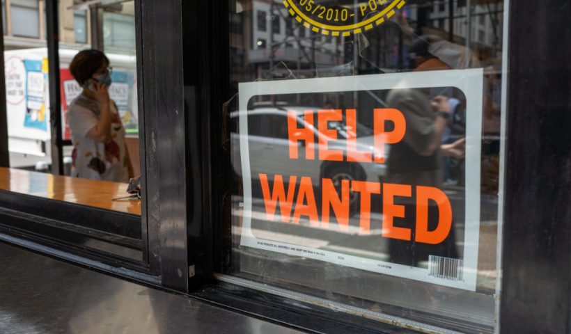 NEW YORK, NEW YORK - JULY 28: A "help wanted" sign is displayed in a window in Manhattan on July 28, 2022 in New York City. The Commerce Department said on Thursday that the nation's Gross Domestic Product (GDP) fell 0.2 percent in the second quarter. With two GDP declines in a row, many economists fear that the United States could be entering a recession. (Photo by Spencer Platt/Getty Images