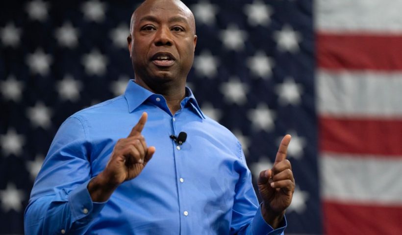 NORTH CHARLESTON, SOUTH CAROLINA - MAY 22: U.S. Senator Tim Scott (R-SC) announces his run for the 2024 Republican presidential nomination at a campaign event on May 22, 2023 in North Charleston, South Carolina. Scott, who is the ranking member of the Senate Banking, Housing, and Urban Affairs Committee, joins 5 other Republicans currently running in the 2024 Presidential race. (Photo by Allison Joyce/Getty Images)