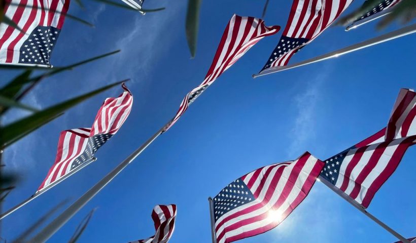 US flags adorn the Memorial Day exhibit near the Eastern Shore Veterans Cemetery in Hurlock, Maryland, on May 27, 2023, ahead of the Memorial Day holiday. (Photo by Jim WATSON / AFP) (Photo by JIM WATSON/AFP via Getty Images)