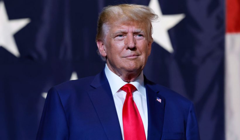 COLUMBUS, GEORGIA - JUNE 10: Former U.S. President Donald Trump arrives to deliver remarks during the Georgia state GOP convention at the Columbus Convention and Trade Center on June 10, 2023 in Columbus, Georgia. On Friday, former President Trump was indicted by a federal grand jury on 37 felony counts in Special Counsel Jack Smith's classified documents probe. (Photo by Anna Moneymaker/Getty Images)