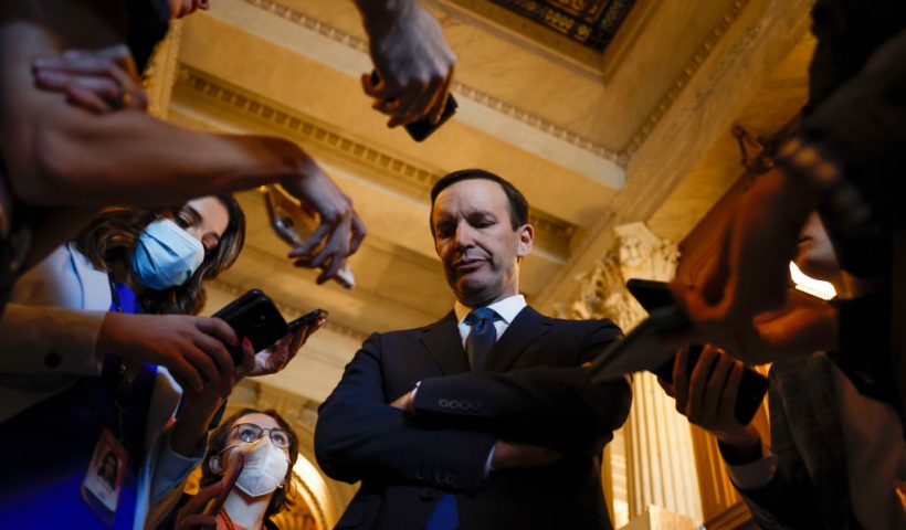 WASHINGTON, DC - JUNE 21: Sen. Chris Murphy (D-CT) speaks to reporters outside of the Senate Chambers of the U.S. Capitol on June 21, 2022 in Washington, DC. The bipartisan group of senators working on gun reform legislation returned to DC today after the long weekend and reported that progress is being made in the negotiations, saying text and action on the Senate floor for the legislation is imminent. (Photo by Anna Moneymaker/Getty Images)