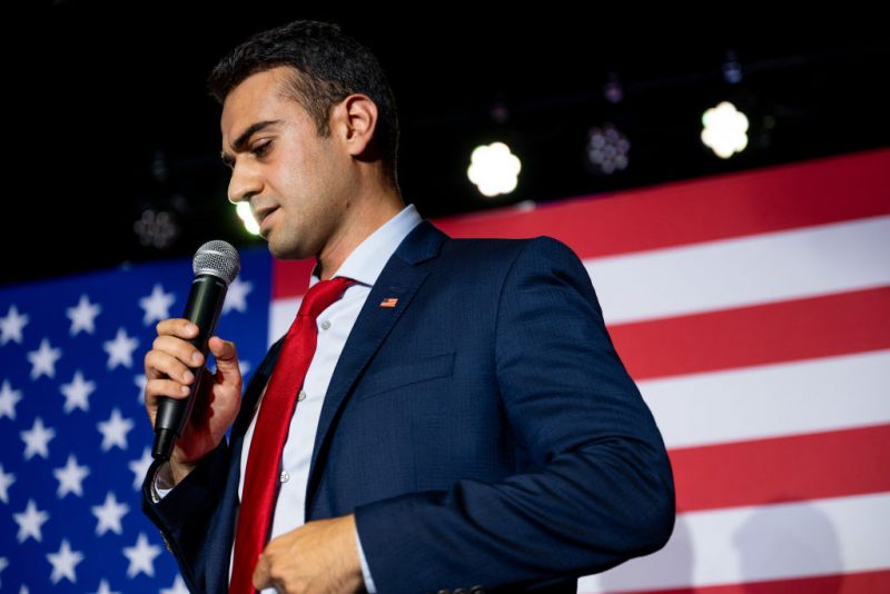 TUCSON, ARIZONA - JULY 31: Republican attorney general candidate for Arizona Abraham Hamadeh prepares to speak to supporters during a campaign event at the Whiskey Roads Restaurant & Bar on July 31, 2022 in Tucson, Arizona. With less than two days to go before the Arizona primary election, candidates continue campaigning across the state. (Photo by Brandon Bell/Getty Images)