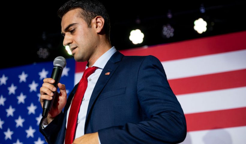 TUCSON, ARIZONA - JULY 31: Republican attorney general candidate for Arizona Abraham Hamadeh prepares to speak to supporters during a campaign event at the Whiskey Roads Restaurant & Bar on July 31, 2022 in Tucson, Arizona. With less than two days to go before the Arizona primary election, candidates continue campaigning across the state. (Photo by Brandon Bell/Getty Images)