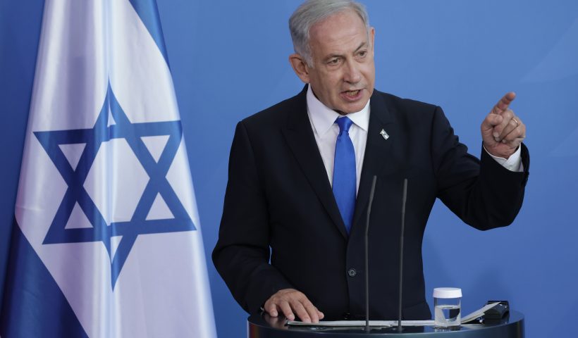 BERLIN, GERMANY - MARCH 16: Israeli Prime Minister Benjamin Netanyahu and German Chancellor Olaf Scholz (not pictured) speak to the media following talks at the Chancellery on March 16, 2023 in Berlin, Germany. Netanyahu's one-day visit to Berlin is being accompanied by protests, including both by people angry over Israel’s policies towards Palestinians as well as those critical of possible new legislation in Israel supported by Netanyahu that would undermine the independence and the power of Israel's Supreme Court, effectively curtailing democracy in Israel. (Photo by Sean Gallup/Getty Images)