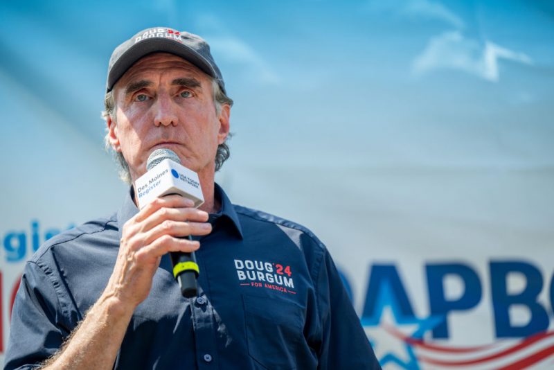 DES MOINES, IOWA - AUGUST 10: North Dakota Gov. and Republican presidential candidate Doug Burgum speaks during a campaign rally on the Des Moines Register SoapBox stage at the Iowa State Fair on August 10, 2023 in Des Moines, Iowa. Republican and Democratic presidential hopefuls, including Florida Gov. Ron DeSantis, and former President Donald Trump are expected to visit the fair, a tradition in one of the first states to hold caucuses in 2024. (Photo by Brandon Bell/Getty Images)