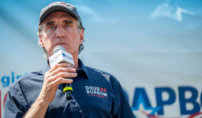 DES MOINES, IOWA - AUGUST 10: North Dakota Gov. and Republican presidential candidate Doug Burgum speaks during a campaign rally on the Des Moines Register SoapBox stage at the Iowa State Fair on August 10, 2023 in Des Moines, Iowa. Republican and Democratic presidential hopefuls, including Florida Gov. Ron DeSantis, and former President Donald Trump are expected to visit the fair, a tradition in one of the first states to hold caucuses in 2024. (Photo by Brandon Bell/Getty Images)