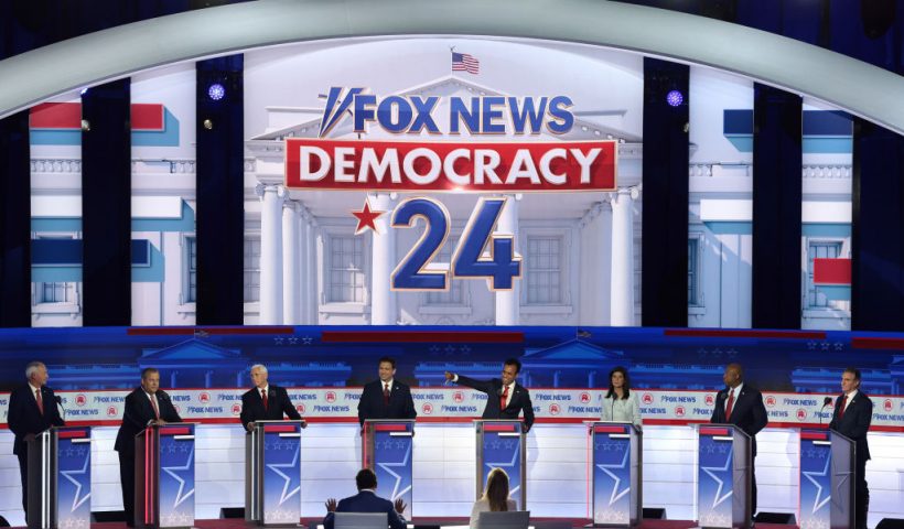 MILWAUKEE, WISCONSIN - AUGUST 23: Republican presidential candidates (L-R), former Arkansas Gov. Asa Hutchinson, former New Jersey Gov. Chris Christie, former U.S. Vice President Mike Pence, Florida Gov. Ron DeSantis, Vivek Ramaswamy, former U.N. Ambassador Nikki Haley, U.S. Sen. Tim Scott (R-SC) and North Dakota governor Doug Burgum participate in the first debate of the GOP primary season hosted by FOX News at the Fiserv Forum on August 23, 2023 in Milwaukee, Wisconsin. The 8 presidential hopefuls squared off in the first Republican debate as former U.S. President Donald Trump, currently facing indictments in four locations, declined to participate in the event. (Photo by Win McNamee/Getty Images)