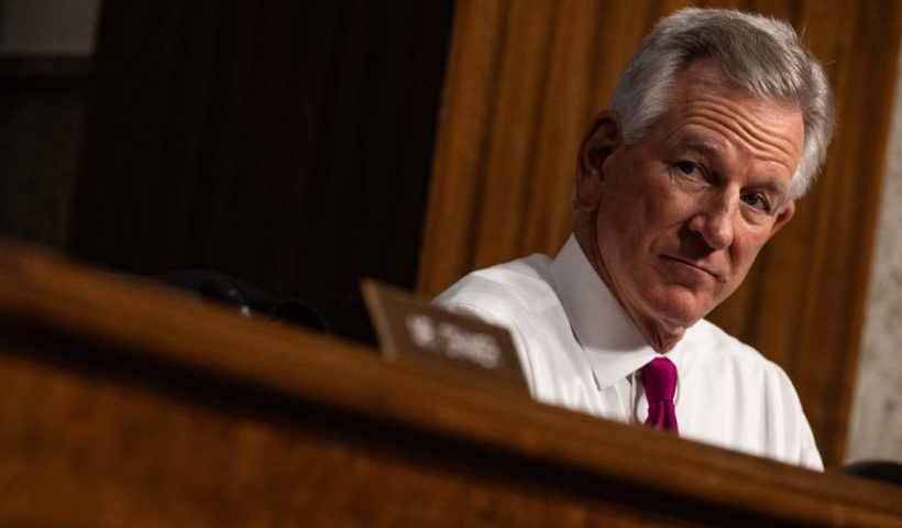 US Senator Tommy Tuberville (R-AL) looks on as US Air Force General David W. Allvin, nominee to be Chief of Staff of the Air Force at the Department of Defense, not pictured, speaks during a Senate Armed Services Committee nomination hearing on Capitol Hill in Washington, DC, on September 12, 2023. (Photo by ANDREW CABALLERO-REYNOLDS / AFP) (Photo by ANDREW CABALLERO-REYNOLDS/AFP via Getty Images)