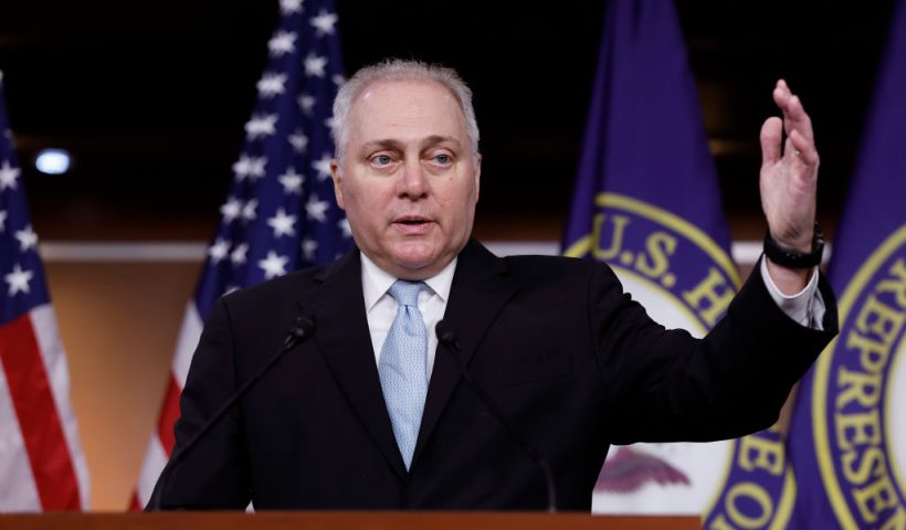 WASHINGTON, DC - SEPTEMBER 27: U.S. House Majority Leader Steve Scalise (R-LA) speaks to reporters following a House Republican caucus meeting at the U.S. Capitol on September 27, 2023 in Washington, DC. The Republican leadership continues to look for a legislative path that would prevent the federal government from partially shutting down at midnight on September 30. (Photo by Anna Moneymaker/Getty Images)