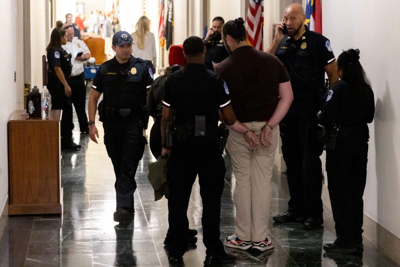 Capitol Police officers arrest a protester after a complaint from US Republican Representative from New York George Santos at the Longworth House Office Building on Capitol Hill in Washington, DC, on October 13, 2023. Santos, a scandal-plagued Republican congressman whose extensive lies have made headlines since his election last year was hit with additional charges by federal prosecutors on October 10, 2023. Santos, 35, pleaded not guilty in May to seven counts of wire fraud, three of money laundering, one of theft of public funds and two of making materially false statements to the House of Representatives. Prosecutors charged Santos with an additional 10 counts, including identity theft and making false statements to the Federal Election Commission (FEC). (Photo by Julia Nikhinson / AFP) (Photo by JULIA NIKHINSON/AFP via Getty Images)