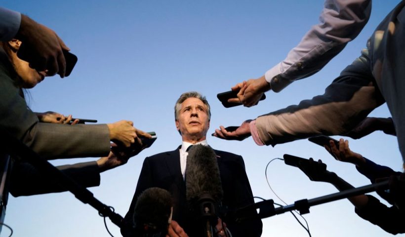 TOPSHOT - US Secretary of State Antony Blinken speaks to the media before boarding his plane in Cairo en route to Jordan on October 15, 2023. Blinken said October 15 there was a consensus among the United States' Arab allies to contain the Israel conflict with Hamas in the Gaza Strip. (Photo by Jacquelyn Martin / POOL / AFP) (Photo by JACQUELYN MARTIN/POOL/AFP via Getty Images)