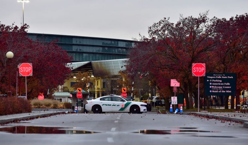 NIAGARA FALLS, NEW YORK - NOVEMBER 22: A State Park Police car blocks traffic to the Rainbow Bridge, one of four major crossings between the U.S. and Canada that is closed after a car crashed and exploded at the bridge on November 22, 2023 in Niagara Falls, New York. According to reports, the two occupants died when their car crashed near a border checkpoint. The cause of the crash is still under investigation. (Photo by John Normile/Getty Images)