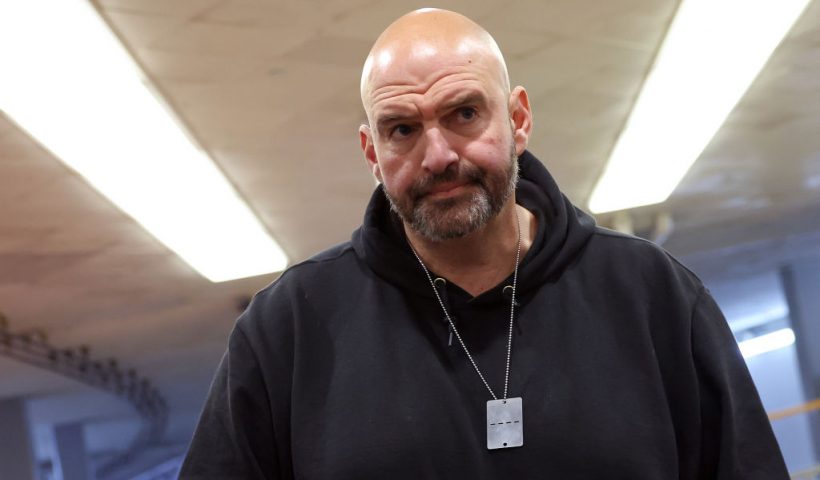 WASHINGTON, DC - DECEMBER 12: U.S. Sen. John Fetterman (D-PA) speaks to reporters before a Senate luncheon at the U.S. Capitol on December 12, 2023 in Washington, DC. Fetterman spoke on military aid to Ukraine. (Photo by Kevin Dietsch/Getty Images)