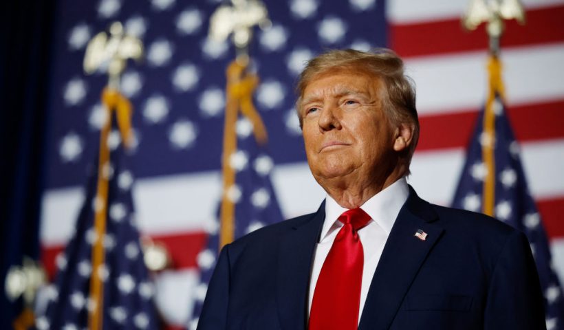 DES MOINES, IOWA - JANUARY 15: Former President Donald Trump speaks at his caucus night event at the Iowa Events Center on January 15, 2024 in Des Moines, Iowa. Iowans voted today in the state’s caucuses for the first contest in the 2024 Republican presidential nominating process. Trump has been projected winner of the Iowa caucus. (Photo by Chip Somodevilla/Getty Images)