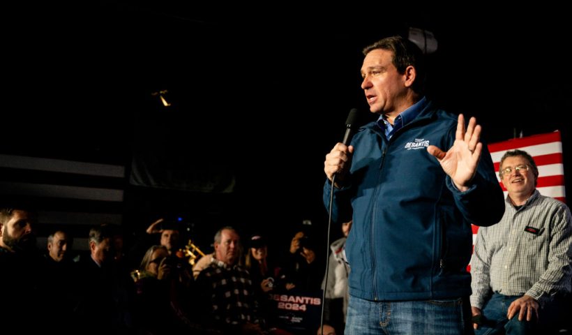 HAMPTON, NEW HAMPSHIRE - JANUARY 17: Republican presidential candidate Florida Gov. Ron DeSantis speaks to supporters at Wally's bar on January 17, 2024 in Hampton, New Hampshire. DeSantis continues his campaign trail, rallying supporters across New Hampshire after finishing second-place in this week's Iowa caucus. (Photo by Brandon Bell/Getty Images)