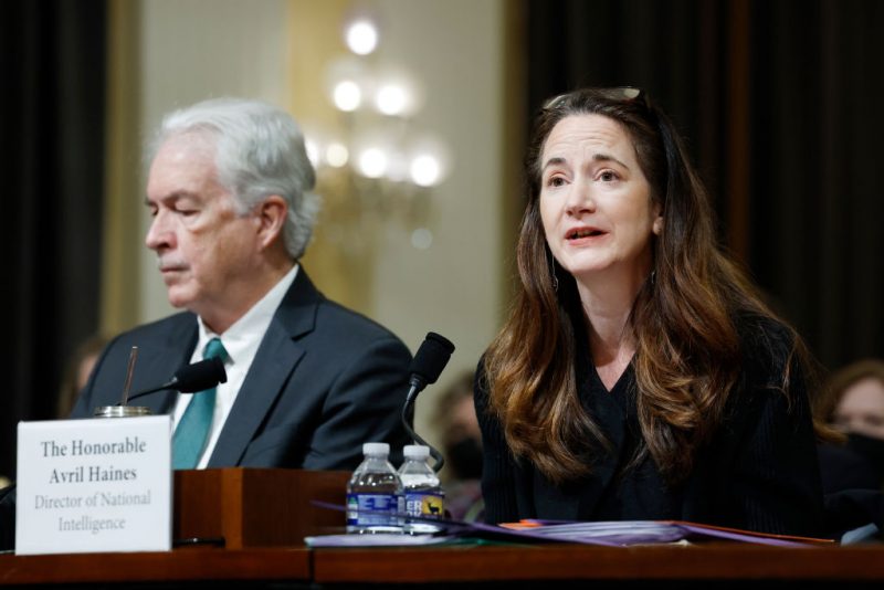 WASHINGTON, DC - MARCH 12: Director of National Intelligence Avril Haines (R) testifies alongside Central Intelligence Agency Director William Burns (L) at a hearing with the House Select Intelligence Committee in the Cannon Office Building on March 12, 2024 in Washington, DC. Leaders from the U.S. intelligence community are participating in hearings with both the Senate and House intelligence committees to lay out their perceived global threats to the United States. (Photo by Anna Moneymaker/Getty Images)