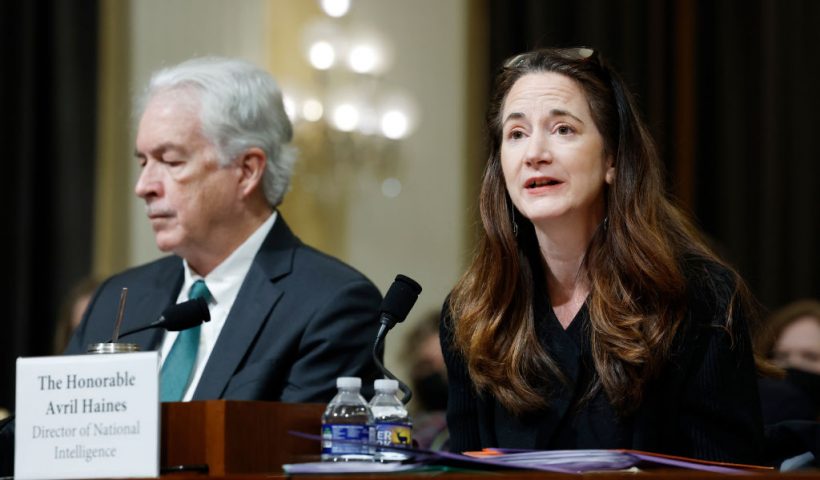 WASHINGTON, DC - MARCH 12: Director of National Intelligence Avril Haines (R) testifies alongside Central Intelligence Agency Director William Burns (L) at a hearing with the House Select Intelligence Committee in the Cannon Office Building on March 12, 2024 in Washington, DC. Leaders from the U.S. intelligence community are participating in hearings with both the Senate and House intelligence committees to lay out their perceived global threats to the United States. (Photo by Anna Moneymaker/Getty Images)