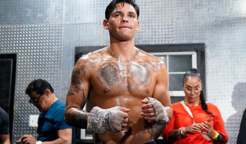 DALLAS, TEXAS - APRIL 09: Ryan Garcia in action during a media workout at World Class Boxing Gym on April 09, 2024 in Dallas, Texas. (Photo by Sam Hodde/Getty Images)