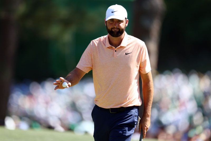 AUGUSTA, GEORGIA - APRIL 14: Scottie Scheffler of the United States reacts after making par on the sixth green during the final round of the 2024 Masters Tournament at Augusta National Golf Club on April 14, 2024 in Augusta, Georgia. (Photo by Maddie Meyer/Getty Images)