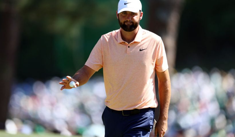 AUGUSTA, GEORGIA - APRIL 14: Scottie Scheffler of the United States reacts after making par on the sixth green during the final round of the 2024 Masters Tournament at Augusta National Golf Club on April 14, 2024 in Augusta, Georgia. (Photo by Maddie Meyer/Getty Images)