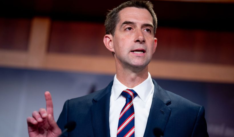 WASHINGTON, DC - MAY 1: Sen. Tom Cotton (R-AR) speaks during a news conference on Capitol Hill on May 1, 2024 in Washington, DC. Republican Senators joined Cotton to denounce pro-Palestinian protests on college campuses and called on school administrations around the country to act against anti-semitism. (Photo by Andrew Harnik/Getty Images)