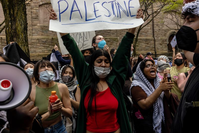 NEW YORK, NEW YORK - MAY 1: Pro-Palestinian protesters rally outside of a building where they had established an encampment at Fordham University Lincoln Center campus on May 01, 2024 in New York City. The occupation of the building comes a day after police raided both Columbia University and City College, arresting dozens and closing down encampments there. (Photo by Alex Kent/Getty Images)