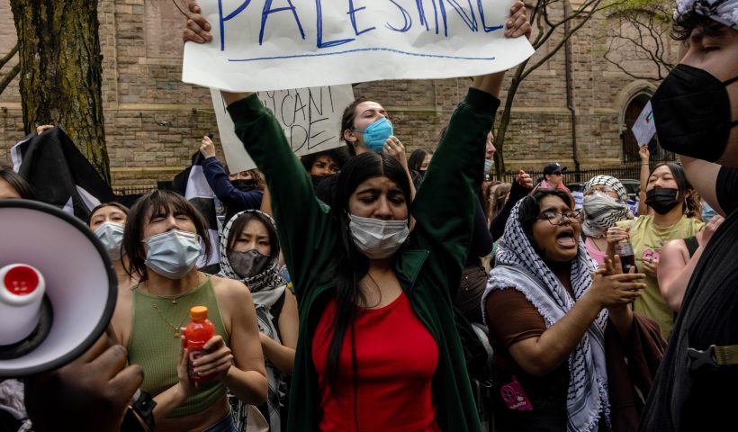 NEW YORK, NEW YORK - MAY 1: Pro-Palestinian protesters rally outside of a building where they had established an encampment at Fordham University Lincoln Center campus on May 01, 2024 in New York City. The occupation of the building comes a day after police raided both Columbia University and City College, arresting dozens and closing down encampments there. (Photo by Alex Kent/Getty Images)