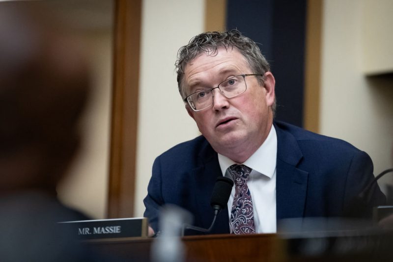 Rep. Thomas Massie (R-KY) questions U.S. Attorney General Merrick Garland during a hearing by the House Judiciary Committee, Washington, DC, June 4, 2024. Republicans repeatedly questioned him about his role in Trump's conviction in New York, which was a state trial and out of the Department of Justice's jurisdiction. (Photo by Allison Bailey / Middle East Images / Middle East Images via AFP) (Photo by ALLISON BAILEY/Middle East Images/AFP via Getty Images)