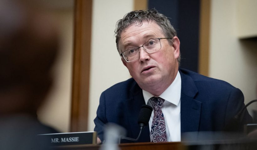 Rep. Thomas Massie (R-KY) questions U.S. Attorney General Merrick Garland during a hearing by the House Judiciary Committee, Washington, DC, June 4, 2024. Republicans repeatedly questioned him about his role in Trump's conviction in New York, which was a state trial and out of the Department of Justice's jurisdiction. (Photo by Allison Bailey / Middle East Images / Middle East Images via AFP) (Photo by ALLISON BAILEY/Middle East Images/AFP via Getty Images)