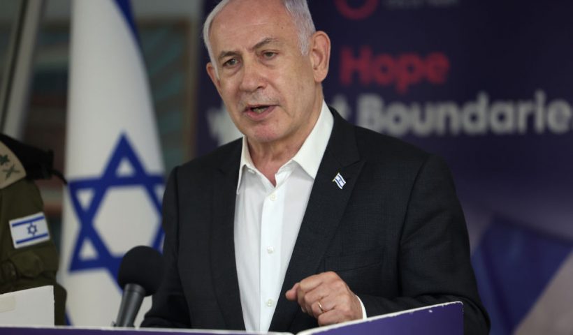 RAMAT GAN, ISRAEL - JUNE 8: Israeli Prime Minister Benjamin Netanyahu speaks during a press conference at the Sheba Tel-HaShomer Medical Centre on June 8, 2024 in Ramat Gan, Israel. Earlier today, the country's military announced the rescue of four hostages kidnapped by Palestinian militants on Oct. 7 - Noa Argamani, Almog Meir Jan, Andrey Kozlov and Shlomi Ziv - and since held in Gaza. Around 120 other Israeli hostages are said to remain in Gaza, but it's unclear how many are alive. (Photo by Jack Guez -Pool/Getty Images)