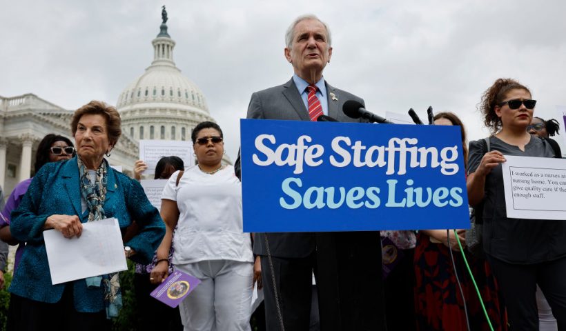 WASHINGTON, DC - JUNE 05: Rep. Jan Schakowsky (D-IL) (L) and Rep. Lloyd Doggett (D-TX) join members of the Service Employees International Union for a news conference about nursing home staffing shortages outside the U.S. Capitol on June 05, 2024 in Washington, DC. The Biden Administration set national minimum staffing requirements for nursing homes in April but lawmakers said more needs to be done. (Photo by Chip Somodevilla/Getty Images)