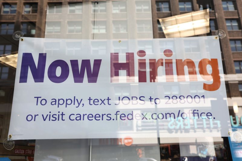 NEW YORK, NEW YORK - JUNE 07: A "Now Hiring" sign is seen at a FedEx location on Broadway on June 07, 2024 in New York City. A jobs report for the month of May released by Labor Department showed that the U.S. added employers added 272,000 nonagricultural jobs and also reported that the unemployment rate rose to 4 percent for the first time in more than two years. (Photo by Michael M. Santiago/Getty Images)