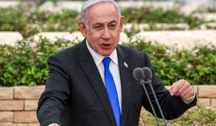 Israeli Prime Minister Benjamin Netanyahu speaks during a state memorial ceremony for the victims of the 1948 Altalena affair, at Nachalat Yitzhak cemetery in Tel Aviv on June 18, 2024. (Photo by Shaul GOLAN / POOL / AFP) (Photo by SHAUL GOLAN/POOL/AFP via Getty Images)