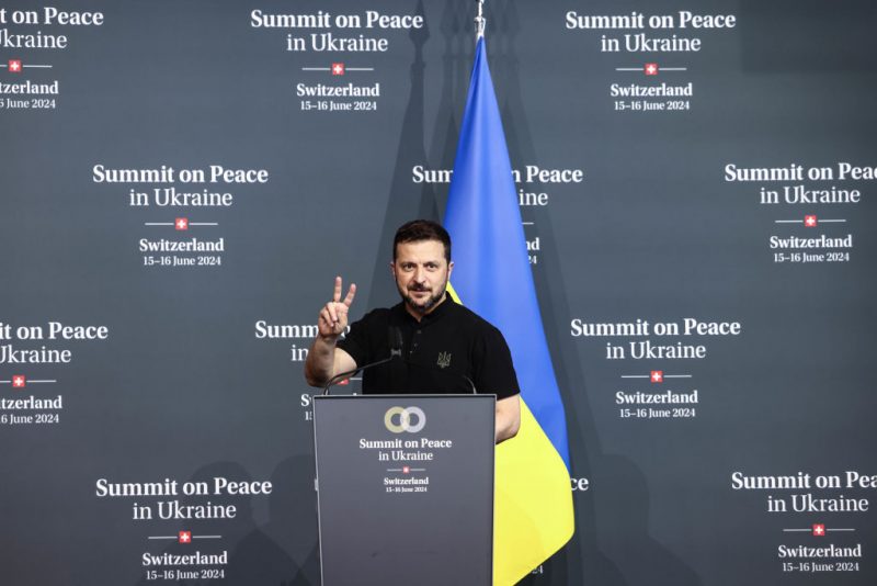 LUCERNE, SWITZERLAND - JUNE 16: Ukraine's President Volodymyr Zelensky flashes a V sign after his closing press conference during the Summit on Peace in Ukraine on June 16, 2024 in Lucerne, Switzerland. The Swiss government reported that 90 countries and international organizations had registered for the summit, although Russia, which launched a large-scale invasion of Ukraine two years ago, was not invited.(Photo by Sedat Suna/Getty Images)