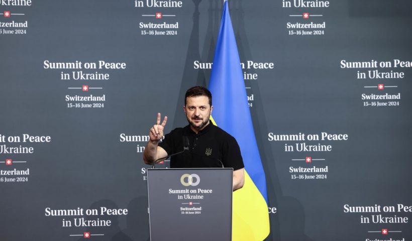 LUCERNE, SWITZERLAND - JUNE 16: Ukraine's President Volodymyr Zelensky flashes a V sign after his closing press conference during the Summit on Peace in Ukraine on June 16, 2024 in Lucerne, Switzerland. The Swiss government reported that 90 countries and international organizations had registered for the summit, although Russia, which launched a large-scale invasion of Ukraine two years ago, was not invited.(Photo by Sedat Suna/Getty Images)