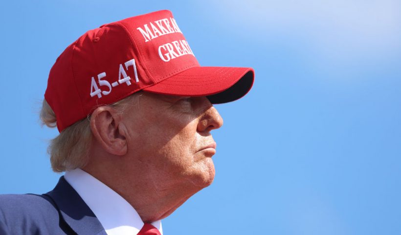 RACINE, WISCONSIN - JUNE 18: Republican presidential candidate former President Donald Trump speaks during a rally at Festival Park on June 18, 2024 in Racine, Wisconsin. This is Trump's third visit to Wisconsin, a key swing state in 2024. (Photo by Scott Olson/Getty Images)