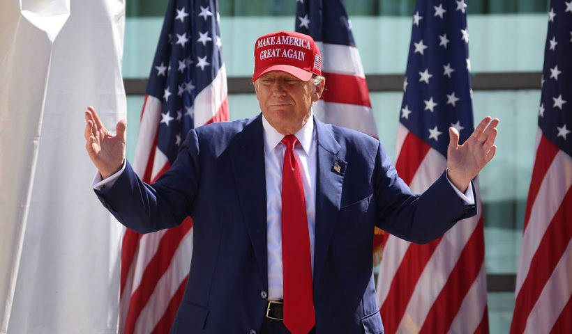 RACINE, WISCONSIN - JUNE 18: Republican presidential candidate former President Donald Trump arrives for a rally at Festival Park on June 18, 2024 in Racine, Wisconsin. This is Trump's third visit to Wisconsin, a key swing state in 2024. (Photo by Scott Olson/Getty Images)