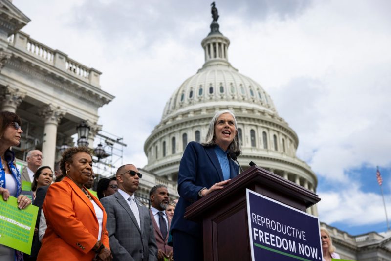 WASHINGTON, DC - JUNE 27: House Democratic Whip Rep. Katherine Clark (D-MA) speaks during a press conference with other House Democrats on June 27, 2024 in Washington, DC. House Democrats are marking two years since the Supreme Court overturned Roe v. Wade in the Dobbs decision, allowing states to enact abortion access restrictions. (Photo by Samuel Corum/Getty Images)