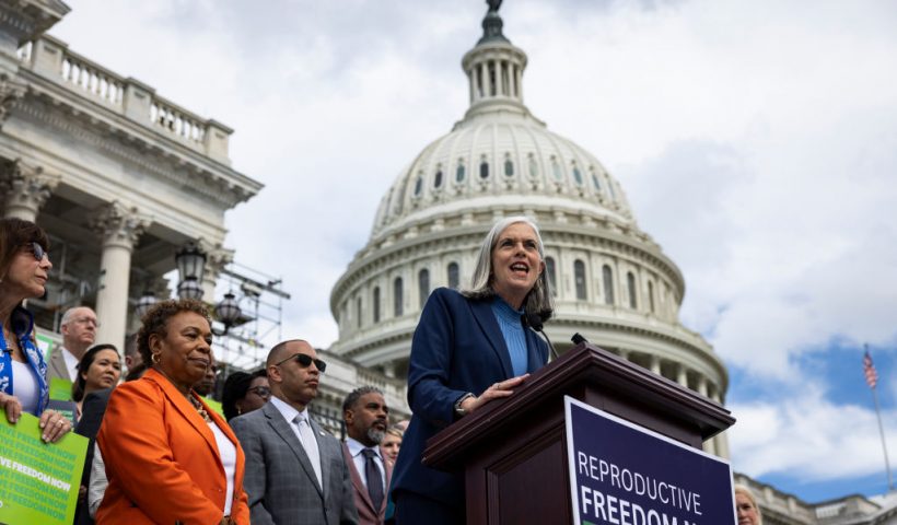 WASHINGTON, DC - JUNE 27: House Democratic Whip Rep. Katherine Clark (D-MA) speaks during a press conference with other House Democrats on June 27, 2024 in Washington, DC. House Democrats are marking two years since the Supreme Court overturned Roe v. Wade in the Dobbs decision, allowing states to enact abortion access restrictions. (Photo by Samuel Corum/Getty Images)