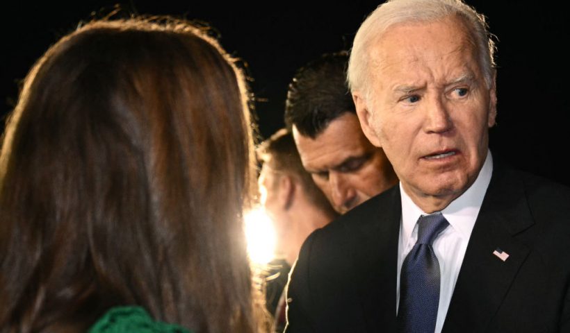 US President Joe Biden speaks to supporters gathered on the tarmac upon his arrival at Raleigh-Durham International Airport in Morrisville, North Carolina, early on June 28, 2024. (Photo by Mandel NGAN / AFP) (Photo by MANDEL NGAN/AFP via Getty Images)