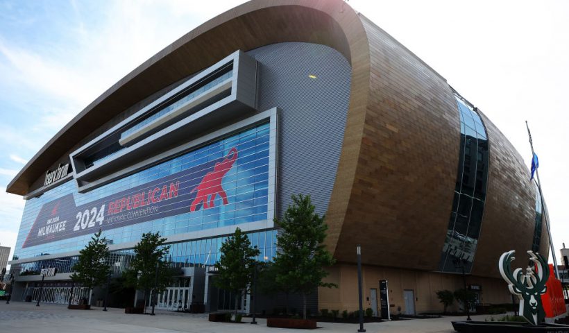 MILWAUKEE, WISCONSIN - JUNE 27: General view of the Fiserv Forum as workers install signage for the Republican National Convention on June 27, 2024 in Milwaukee, Wisconsin. The 2024 Republican National Convention will take place in Milwaukee from July 15 through July 18, 2024. (Photo by Stacy Revere/Getty Images)